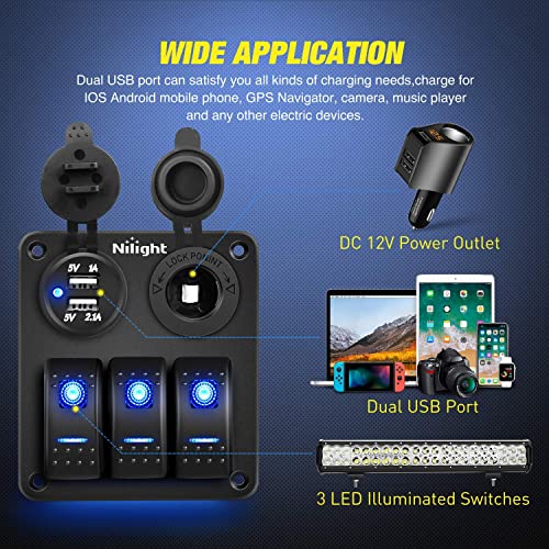 Nilight - 90115C 3 Gang Rocker Switch Panel Waterproof Pre-Wired Aluminum Switch Panel with Dual USB Charger Socket & Cigarette Lighter Socket 12V 24VDC ON Off Switch Panel for Cars Rvs Trucks - color: Blue, size: 3+2 Gang Dual USB