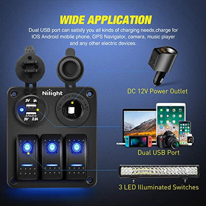 Nilight - 90115C 3 Gang Rocker Switch Panel Waterproof Pre-Wired Aluminum Switch Panel with Dual USB Charger Socket & Cigarette Lighter Socket 12V 24VDC ON Off Switch Panel for Cars Rvs Trucks - color: Blue, size: 3+2 Gang Dual USB