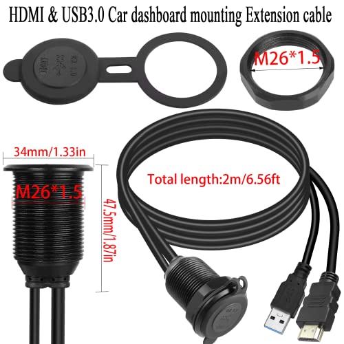 QIANRENON USB3.0 & HDMI Embedded Car Waterproof Cable USB3.0+HDMI 1.4 Threaded Fixed Mount Data Extension Cable, LED Light, Aluminum Housing, for Dashboard Car Boat Motorbike, 2M/6.5ft