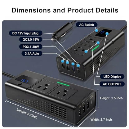 200W Car Power Inverter DC 12V to 110V AC Outlet fit for Tesla/Car/Truck