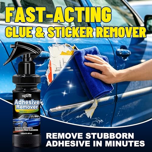 Adhesive Remover, Sticker Remover for Car Paint & Glass – Spray that Dissolves Decal, Glue & Tape Residue, Safe on Surfaces, Removes Sticky Labels, Includes Scraper, Spatula & Towel, 3.4oz/100ml