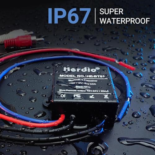 Herdio Marine Bluetooth Receiver IP67 Waterproof, BT 5.3 Remote Wireless Connectivity, Stero Male RCA Output, Bluetooth Receiver for Car, Marine Yacht, Truck, Motorcycle, Golf Cart, Speakers