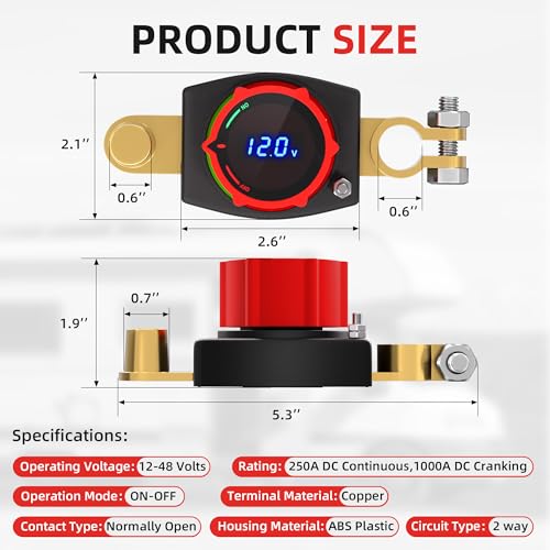 Joinfworld Top Post Battery Disconnect Switch 12V-48V with Led Voltmeter, DC 5-60V Battery Kill Switch Negative On/Off Battery Cut Off Switch for Marine, Cars, Vehicles, RVs and Boats - color: 300A On-Off Top Post with Voltmeter