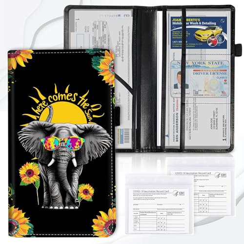 Car Registration and Insurance Card Holder, Vehicle License Documents Glove Box Compartment Organizer Wallet, ID Card Holder for Car Essentials Automobile, Elephant and Sunflowers - color: Elephant and Sunflowers