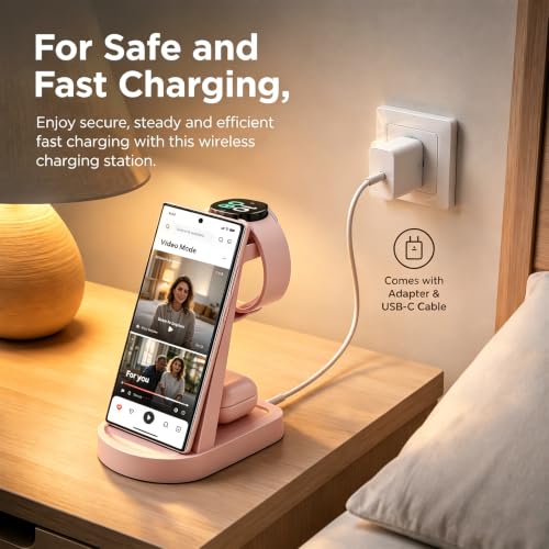 Wireless Charger for Samsung, Wireless Charging Station for S26, Watch 8 - color: Pink