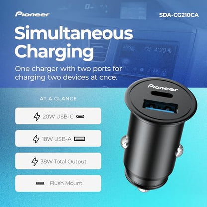 Pioneer 20W Dual Port USB-C Car Charger with USB-C Power Delivery