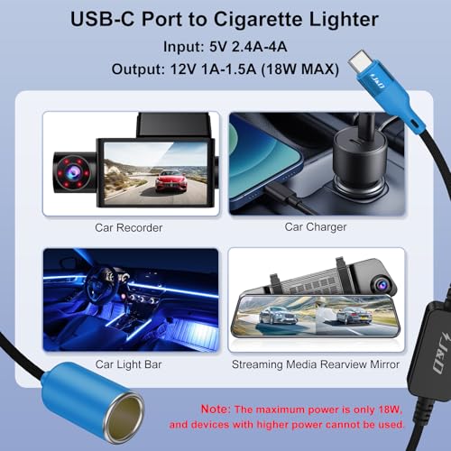 J&D USB C Male to 12V Car Cigarette Lighter Socket Female Converter Cable, 12V 18W Power Cable for Dash Cam, GPS, Car LED Light Strips, Blue, 3 ft - color: Blue, size: 3 ft