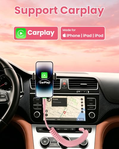 6.6ft Coiled iPhone Charger Cord, MFi Certified Fast Charging Coiled Lightning Cable with LED Light, USB to Lightning Charging Cable for iPhone 14/13/12/11/XS/X/8/7/iPad/CarPlay-Pink