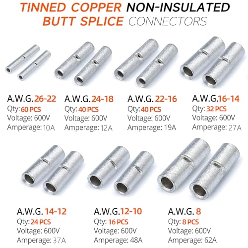 SVAAR 220 PCS 26-8 AWG Non-Insulated Butt Connectors Uninsulated Butt Splices Tinned Copper Marine Grade Butt Splice Terminals 26-8 Ga. Wire Splice Connector Seamless Barrel Crimp Butt Splice Terminal - color: Non-Insulated Splice - Tinned Copper
