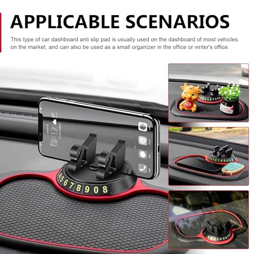 Car Anti-slip Mat Phone Holder, Multi-functional Center Console Storage Mat with Temporary Parking Numbers, 360 Degrees Rotatable Phone Holder, for Phones, Sunglasses, Keys (Black & Red)