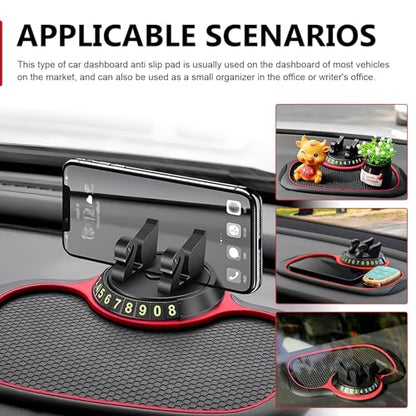 Car Anti-slip Mat Phone Holder, Multi-functional Center Console Storage Mat with Temporary Parking Numbers, 360 Degrees Rotatable Phone Holder, for Phones, Sunglasses, Keys (Black & Red)