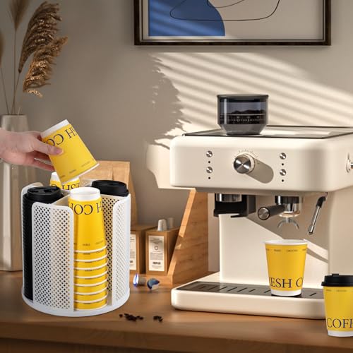 4-Compartment Rotating Paper Cup Holder & Coffee Cup Lid Storage Dispenser, Plastic Cup Dispenser Removable, Space-Saving Countertop Cup Holder for Coffee Bars, Kitchens (White) - color: White