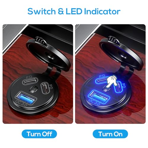 DC 12V-24V Car Charger Socket with Dual PD Type-C & QC3.0 USB Ports Waterproof Cap Fast Charger for Marine Boat Truck
