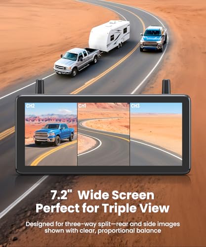 AUTO-VOX RV Backup Camera Wireless Bundle: Rear & Side Cameras with 7.2“HD Split-Screen Monitor and Suction Cup Bracket, Full Rear View Protection, for RV, Camper, Fifth Wheel, Travel Trailer
