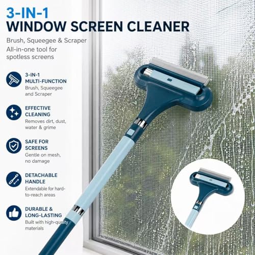3-in-1 Window Screen Cleaner with Squeegee and Pet Hair Remover, Window Screen Cleaning Brush for Couch, Mesh and Multi-Use Crevice Tool for Patio and Porch Screens (Blue)