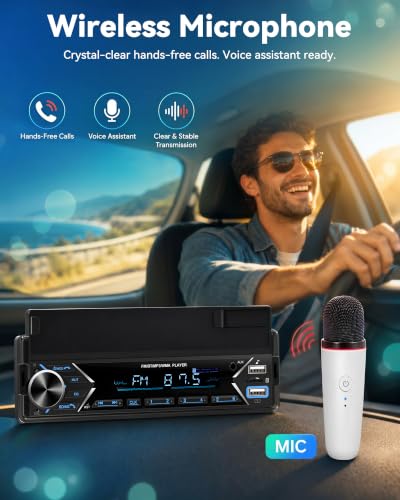 Single DIN Car Stereo Bluetooth Car Radio with FM/MP3/AUX Dual USB SWC Colorful Lights Phone Holder & Wireless MIC