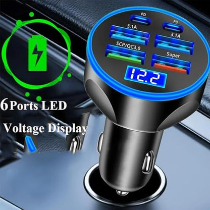 MESA'S LIVE 6-Port Car Charger USB C, 100W Max PD 65W QC3.0 Fast Charging, LED Voltage Display, 12/24V for Car/Truck/RV, Compatible with iPhone 16/Samsung/Tablet/Laptop