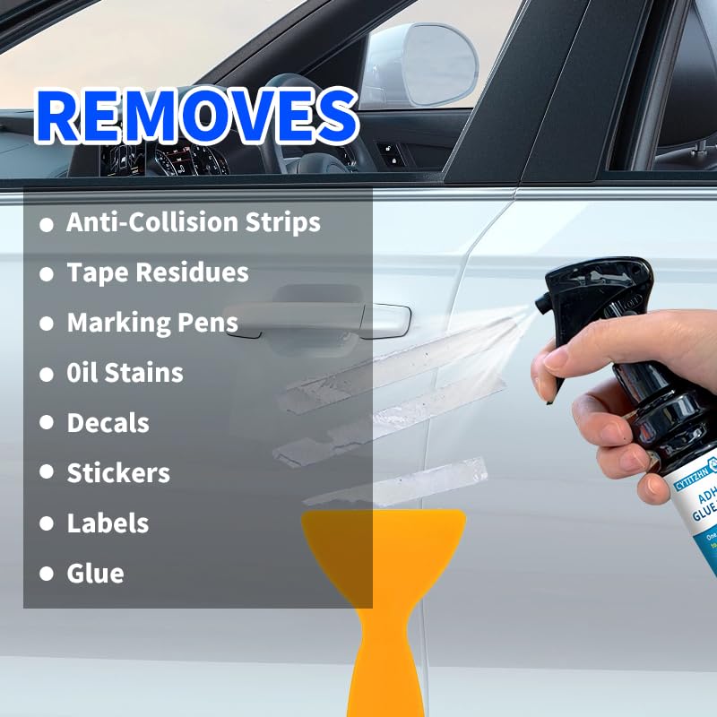Adhesive Remover, Sticker and Decal Remover Spray, Quickly Removes Glue, Labels and Tape Residue, Safe for Car Paint and Glass, Includes Scraper and Towel, Portable Size-3.4oz/100ml