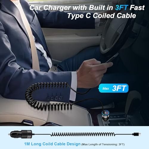 for iPhone 17e/17/16/15 Car Charger,48W PD+QC USB C Fast Car Charger - style: Coiled Cable