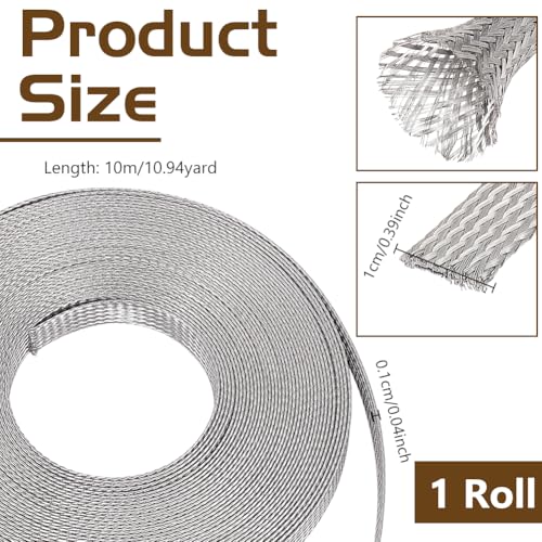 NBEADS 32.8ft 304 Stainless Steel Braided Cable Sleeve, 0.39 Inch Wide Stainless Steel Color Flat Tinned Braided Ground Wire Mesh, Flexible Shielding Sleeve for Cables - size: 32.8ft X 0.39 Inch