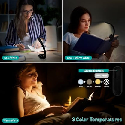 Rechargeable Book Light for Reading - 9LED Eye-Caring Clip Light w/ 9 Color Temp, Stepless Dimming, 50H Battery, USB-C, Ultra Slim - Gift for Book Lovers (Black) - color: Black