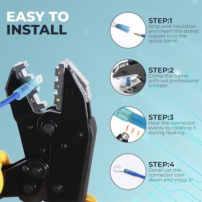 300PCS Waterproof Heat Shrink Wire Connector Kit – Copper Crimp Terminals with Butt, Ring, Fork, Spade & Quick Disconnect, AWG 22-10, for Marine, Automotive, Boat & ATV Wiring
