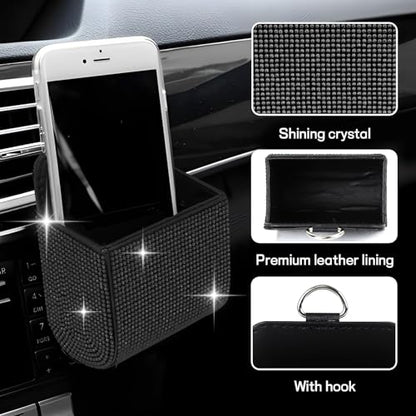 Car Vent Storage Organizer, Rhinestone Car Air Vent Leather Storage Pouch, Bling Automotive Hanging Bag Pocket Case, Universal Auto Mount Cell Phone Sunglasses Coin Holder (Black) - color: Black