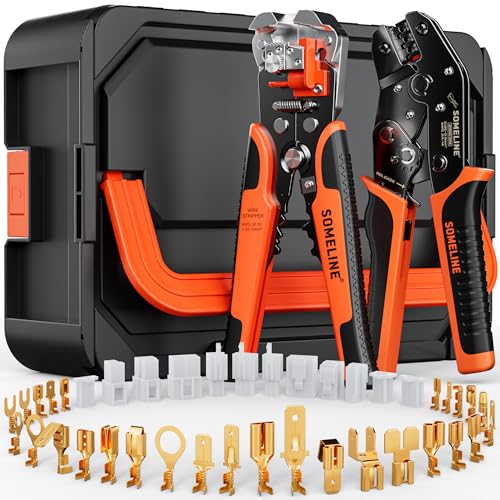 SOMELINE Spade Connector Crimping Tool Kit 24–14 AWG, 40 Types 2.8/4.8/6.3/7.8 mm Quick Disconnect Non-Insulated Connectors and Terminal Housings – Open Barrel Crimping Tool - size: 40 Types