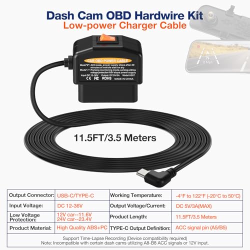 OBD2 to USB C Power Cable for Dash Cam,OBD Adapter Hardwire Kit Tpye-c with Low Voltage Protection(Auto-Cutoff 11.6V/23.4V), 24/7 Parking Mode,ACC Detection,Plus & Play Constant Power Cable (11.5FT)