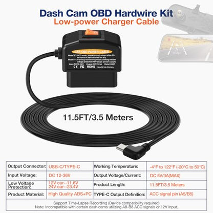 OBD2 to USB C Power Cable for Dash Cam,OBD Adapter Hardwire Kit Tpye-c with Low Voltage Protection(Auto-Cutoff 11.6V/23.4V), 24/7 Parking Mode,ACC Detection,Plus & Play Constant Power Cable (11.5FT)