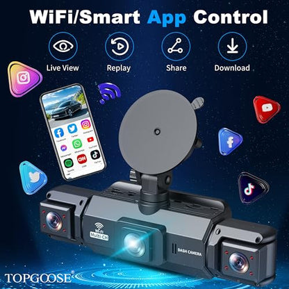 4 Channel Dash Cam 360° View, TOPGOOSE 2K FHD Front and Rear Inside, Left Right Dash Camera for Cars, 5G WiFi & APP Control, with 64GB SD Card, G-Sensor, 8 IR Lamps Night Vision (3.17 inches) - size: 3.17 inches
