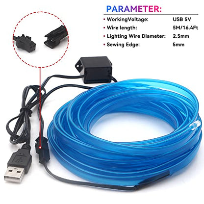 Keiurot Blue EL Wire Neon Light, 16FT USB 5V for Car Interior Trim - color: Blue