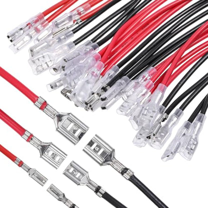 30Pcs 2.8mm 4.8mm and 6.3mm Female Spade Crimp Terminal with Insulating Sleeve and Wire, Red+Black Quick Splice Connector Kit for Speaker Wire, Crimp Terminal Assortment with 30cm Wires
