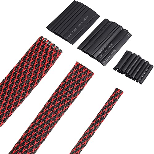 Boao 50ft PET Expandable Braided Cable Sleeve, Wire Loom Braid Sleeving with 127 Pieces Shrink Tube for Audio Video and Other Home Device Cable Automotive Wire(1 Inch, 1/4 Inch, 3/4 Inch,Red) - color: Red, size: 1 Inch, 1/4 Inch, 3/4 Inch