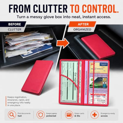 Insurance and Registration Holder, Red Premium PU Leather Glove Box Folder - color: Red