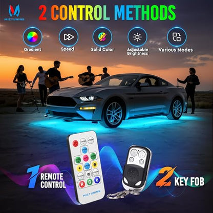 MICTUNING U8 RGBW Underglow LED Light Bars (8-Piece Kit) 888 Ultra-Bright LEDs, Dual Remotes, White+RGB Colors, IP68 Waterproof Aluminum Housing – for Cars, Trucks, SUVs, ATVs - size: RGBW & 2 Remote