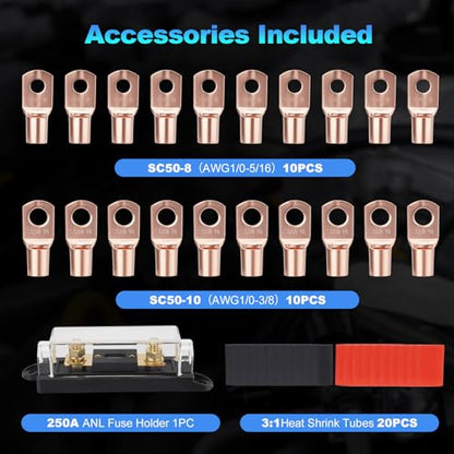 1/0 Gauge Wire 1/0 Battery Cable (20FT Red+20FT Black), Copper Clad Aluminum CCA Amp Wiring Kit with 250A ANL Fuse Holder, Lugs Terminal Connector & Heat Shrink Tube for Car Audio Speaker, Marine - color: 40FT Wire+250A Fuse Holder