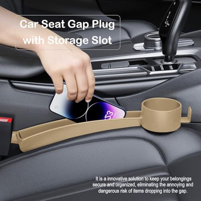 Car Seat Gap Plug with Storage Slot, Auto Gap Filler Organizer with Cup Holder, Universal Carseat Side Gap Filler Strip 2 Pack Between Front Seats & Console, Anti-Drop Pad with Seatbelt Holes, Beige - color: Beige, Cup Holder & Hook