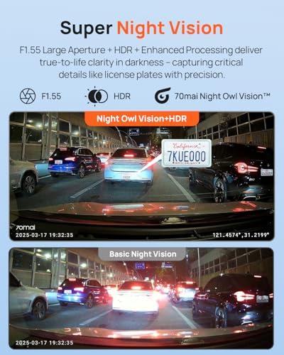70mai Dash Cam Front and Rear - 2.5K+1080P Dual Dash Camera with HDR, Super Night Vision, F1.55 Aperture, 24H Parking Mode, Built-in Wi-Fi & GPS, G-Sensor, Loop Recording (A410)