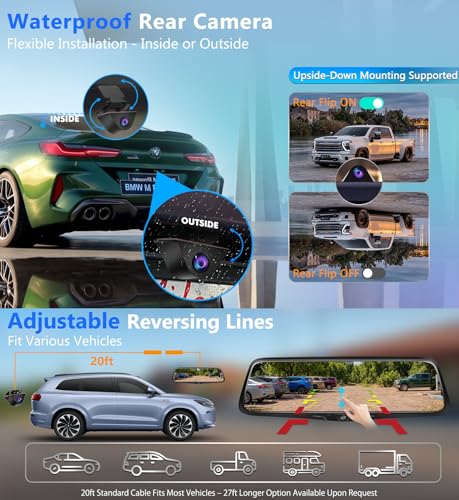 OEM Rear View Mirror Camera: 10" 2K Mirror Dash Cam with Detached Front Backup Camera, Smart Touchscreen with Rear Zoom, Night Vision, Parking Monitor, Built-in GPS, 64GB Card for Trucks SUVs Vans RVs