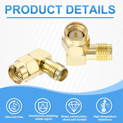 MECCANIXITY 2Pcs 90° Type SMA Right Angle Adapter SMA Male to Female Adapter Converter 50 Ohm for Antennas, Signal Monitoring, Test Bench, Router, Car Navigation, Gold