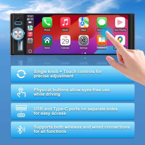 Single Din Radio Car Stereo with CarPlay & Android Auto, 6.28 Inch HD Touch CarPlay Screen, Backup Cam,Bluetooth, MP5,USB Type-C, SWC, EQ, FM Radio with External Mic