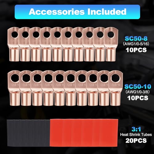 1/0 Gauge Wire 1/0 AWG Battery Cable (20FT Red+20FT Black), Copper Clad Aluminum CCA Amp Wiring Kit, Automotive Wire with Terminals Connectors, for Car Audio Speaker, Marine, RV Trailer - color: 40FT Wire