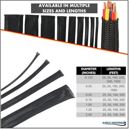 Kable Kontrol Cable Sleeve Expandable Nylon Braided Sleeving - 1/4” Inch – 50’ Feet – Automotive Wire Loom, Cable Wrap, Cord Protector from Pets, Cable Management - Black - size: 0.25" - 50' Feet