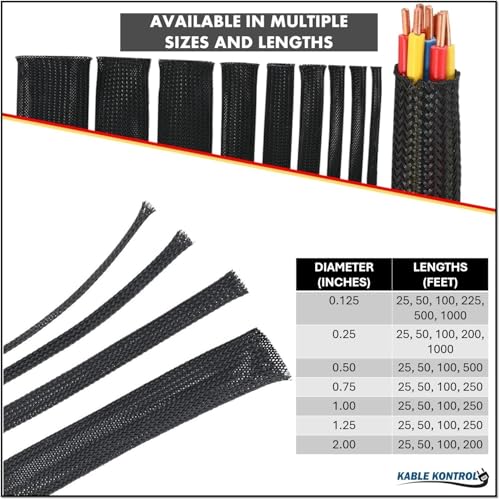 Kable Kontrol Cable Sleeve Expandable Nylon Braided Sleeving - 3/4” Inch – 250’ Feet – Automotive Wire Loom, Cable Wrap, Cord Protector from Pets, Cable Management - Black - size: 0.75" - 250' Feet