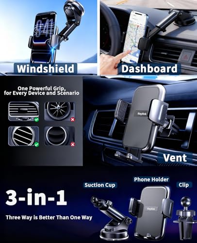 NO.1 Best【Fixed Integrated 122lb】Military-Grade Car Phone Holders Windshield Dashboard Vent【Upgraded Suction & Clip】Cell Phone Mount with Patent & Safety Certs for iPhone 17 Pro Max 16 15 Samsung