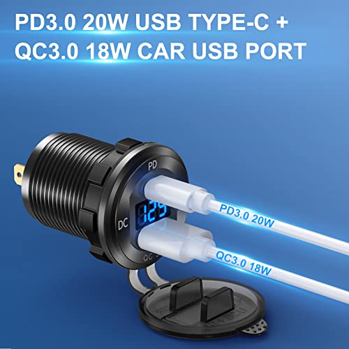 12V USB C Aluminum Car Charger Socket, 12 Volt Outlet, PD 20W and Quick Charge 3.0 18W Car USB Port Waterproof with Voltmeter & Power Switch, Suitable for Marine Truck Motorcycle Boat Golf cart RV - color: Aluminum