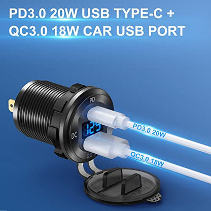 12V USB C Aluminum Car Charger Socket, 12 Volt Outlet, PD 20W and Quick Charge 3.0 18W Car USB Port Waterproof with Voltmeter & Power Switch, Suitable for Marine Truck Motorcycle Boat Golf cart RV - color: Aluminum