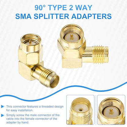 MECCANIXITY 2Pcs 90° Type SMA Right Angle Adapter SMA Male to Female Adapter Converter 50 Ohm for Antennas, Signal Monitoring, Test Bench, Router, Car Navigation, Gold