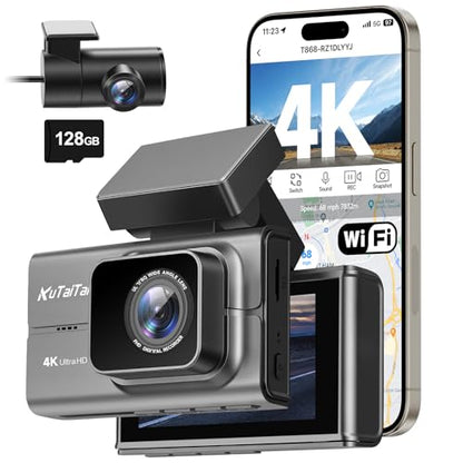 4K Dash Cam Front and Rear with Wi-Fi GPS Free 128GB Card, Dash Camera for Cars with HDR&WDR Night Vision, Car Camera with 3" Touch Screen, 170° Wide Angle, Loop Recording, 24H Parking Mode - style: dash cam with 128GB card